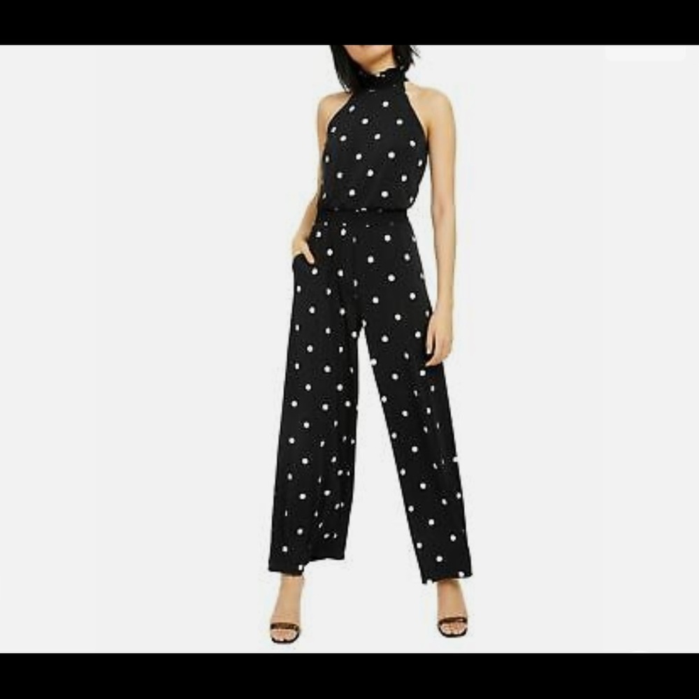 INC Women's Black Polka Dot Sleeveless Halter Straight Leg Jumpsuit Size L New!